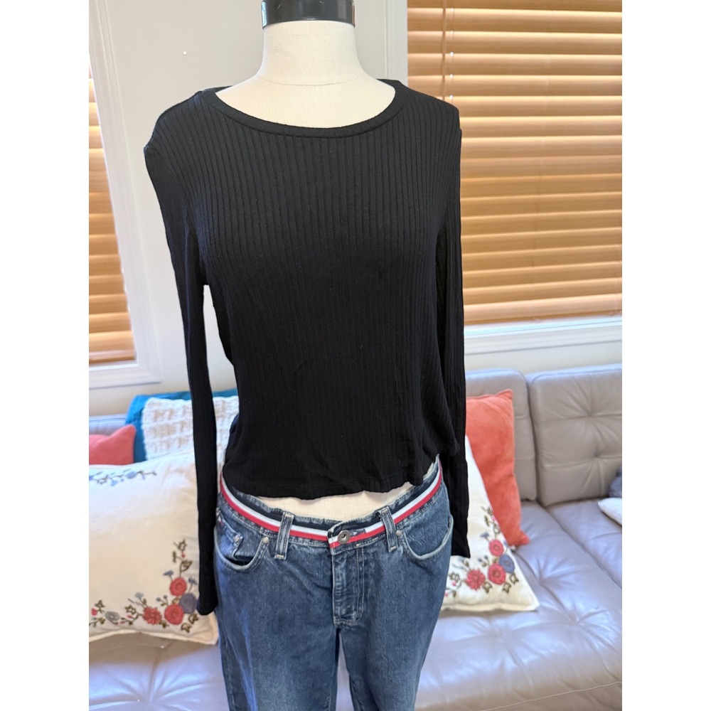 Reformation Black Ribbed Long Sleeve Top XL Stretch Jersey Tencel Modal Crewneck